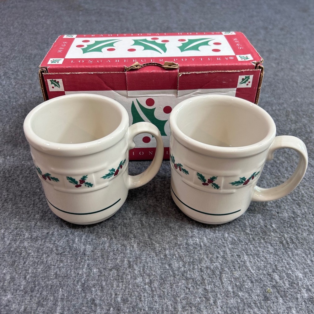 Longaberger Pottery Traditional Holly Coffee Mug Set of 2 Christmas 1994 31402